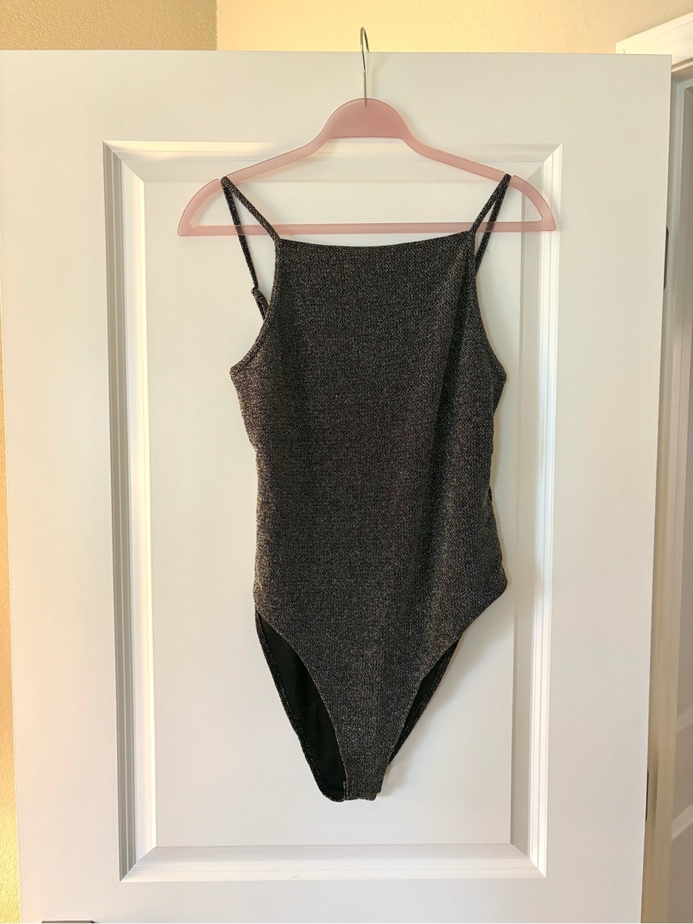 H&M Divided Black Silver Metallic Glitter Bodysuit Size Large Party Top